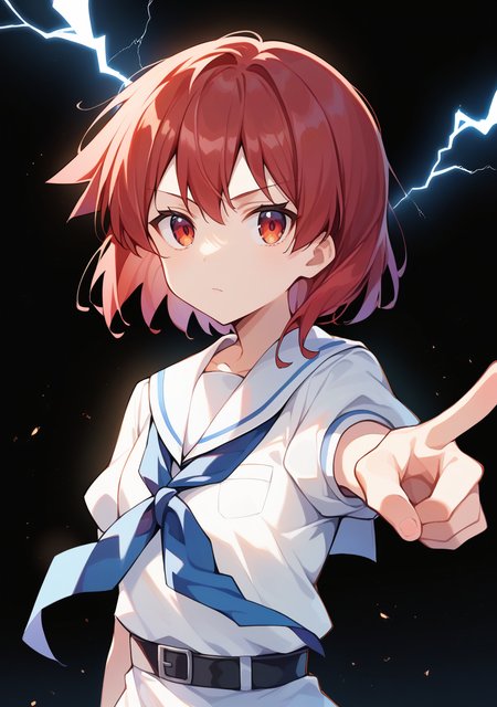 score_9, score_8_up, score_7_up, source_anime,high detail, detailed face,volumetric lighting,shiny skin,<lora:spo_sdxl_10ep_4k-data_lora_webui:0.7>,1girl,miyanaga_teru,red hair, medium hair, red eyes,<lora:miyanaga_teru:1>, school uniform,white dress,white sailor collar, blue neckerchief, short sleeves, puffy sleeves, black belt,expressionless,backlighting,lightning,simple background, black background,pointing at viewer,
