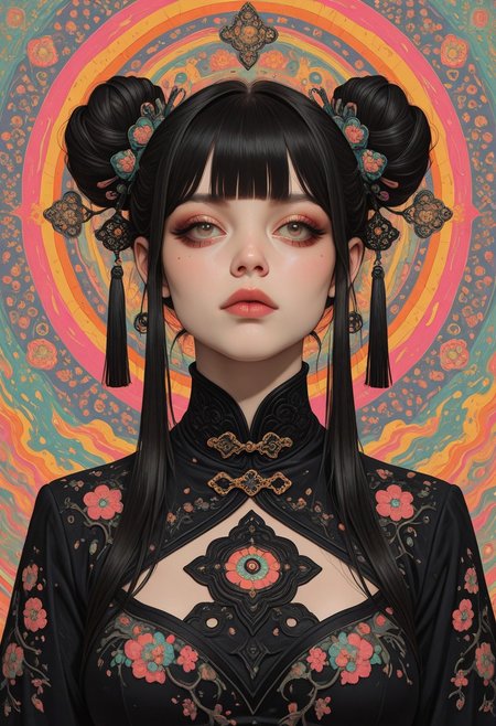 1girl, black hair, hair bun, double bun, blunt bangs, ribbon, tassel hair ornament, dynamic pose, abstract background, (4k, detailed, intricate details, best quality, amazing quality, masterpiece), vdsur, surreal, colorful background