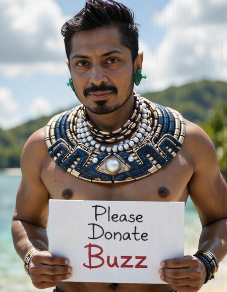 <lora:Namor_Flux-000001:1.2> The image is a high-resolution photograph showcasing a muscular, athletic man of Latin American descent with a dark complexion and short, dark hair styled in a messy, tousled manner. He has a neatly trimmed beard and mustache, and a stern, focused expression. He is adorned in elaborate, ancient Mayan-inspired attire, featuring a large, ornate collar made of gold, blue, and white beads with intricate, swirling patterns.  
 He is holding a sign that says "Please Donate Buzz"<lora:aidmaImageUpgrader:1> aidmaimageupgrader