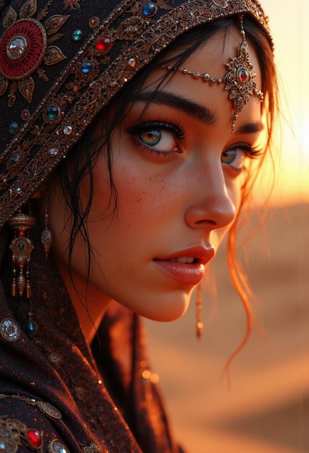 analog film photo A mesmerizing portrait capturing the essence of timeless beautyâa young Arabic woman with delicate, intricate dark tribal face paint, adorned in traditional attire y. Her deep, soulful eyes gleam with wisdom and warmth, framed by intricate patterns painted in earthy hues of red, brown, and white, each symbolizing heritage and identity. The soft, golden sunlight bathes her face, casting a warm glow that accentuates her gentle features and the delicate details of her attire, which is woven with glimmering threads 
Behind her stretches a vast, serene desert landscape, where endless sand dunes meet a sky ablaze with a breathtaking sunsetâa blend of fiery orange, soft lavender, and deep indigo. Small, ethereal wisps of sand swirl in the warm breeze, capturing the beauty and magic of her world. This intimate yet powerful scene conveys both the strength and grace of an ancient culture, capturing the viewer in a timeless, heart-stopping moment of beauty, tradition, and wonder
<lora:FluxMythP0rtr4itStyle:0.6> mythp0rt <lora:FLUX-daubrez-DB4RZ-v2:0.3> DB4RZ, glow effects, godrays, Hand drawn, render, 8k, octane render, cinema 4d, blender, dark, atmospheric 4k ultra detailed, cinematic, Sharp focus, big depth of field, Masterpiece, colors, 3d octane render, 4k, concept art, trending on artstation, hyperrealistic, Vivid colors, extremely detailed CG unity 8k wallpaper, trending on CGSociety, Intricate, High Detail, dramatic <lora:anime_martzv2:1> ., intricate, detailed . magnificent, celestial, ethereal, painterly, epic, majestic, magical, fantasy art, cover art, dreamy . shallow depth of field, vignette, highly detailed, high budget, bokeh, cinemascope, moody, epic, gorgeous, film grain, grainy . award-winning, professional, highly detailed . faded film, desaturated, 35mm photo, grainy, vignette, vintage, Kodachrome, Lomography, stained, highly detailed, found footage