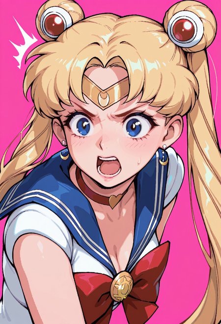 masterpiece, best quality, very aesthetic, absurdres, newest, solo, fisheye view.
sailor moon, blonde hair, blue eyes, open mouth, aggressive, surprised, angry. 
pink background