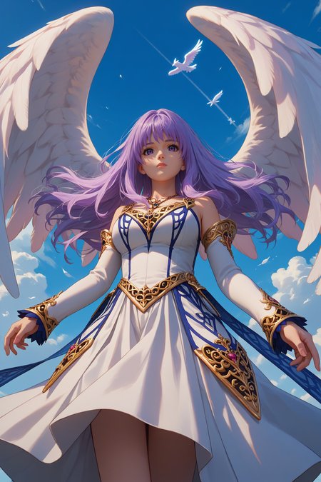 score_9, score_8_up, score_7_up, score_6_up, source_anime, 1girl, solo,  <lora:ysreah-pdxl-nvwls-v1-000005:1> angelReah, lavender hair, long hair, purple eyes, angel wings, white dress, detached sleeves, necklace, big breasts, floating, midair, clouds, blue sky, looking at you, from below