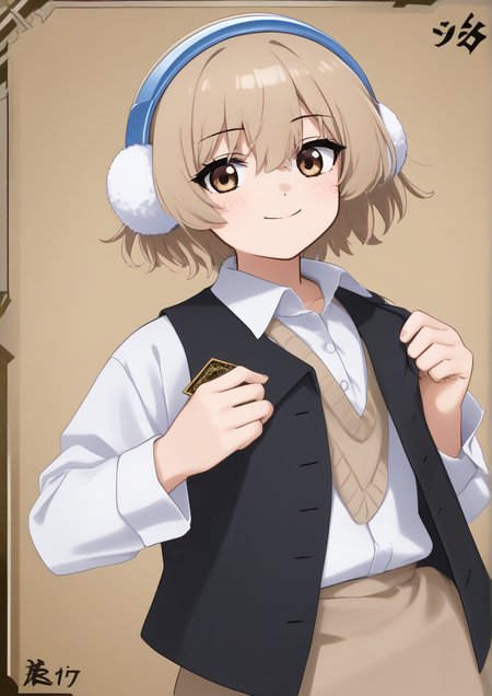 1girl, toyosatomimi no miko, huge breast, , alternate costume, black vest, brown eyes, buttons, card, closed mouth, collared shirt, cowboy shot, earmuffs, hair between eyes, holding, holding card, light brown hair, long sleeves, pointy hair, shirt, short hair, smile, solo, vest, white shirt,  handfixer <lora:HandFixer_pdxl_Incrs_v1:1>  <lora:Fried_Bocky:0.9>