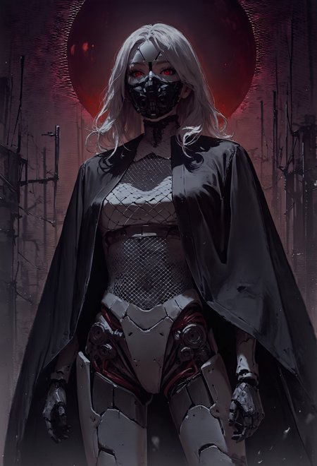 score_9, score_8_up, score_7_up,  source_anime, (bulky design), ((mechanical body, neon face mesh, mesh mask, fully white body)), night, detailed background, realistic, black cloak, bright background, red moon in background, astral, long white hair  <lora:pony/twilight_style:0.8> <lora:pony/alien_concept_art:0.3> <lora:sdxl/sinfully_stylish_sdxl:0.4>