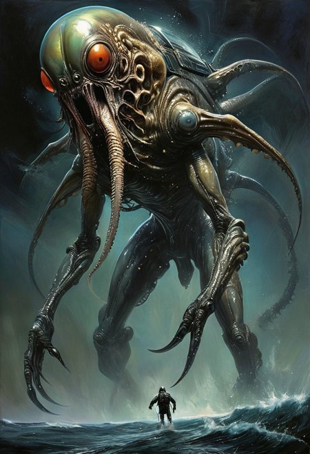 Boris Vallejo realistic oil painting, retro artstyle, score_9, score_8_up, score_9_up, very detailed, ultra realistic, (best quality) very detailed masterpiece, full body picture of a futuristic squid-like alien creature in front of an alien mount, big mouth with big fangs, very dark background, very dramatic lighting, much shadow,  low saturation, full body, realistic realistic, realism, photo realistic oil painting, photo realistic painting