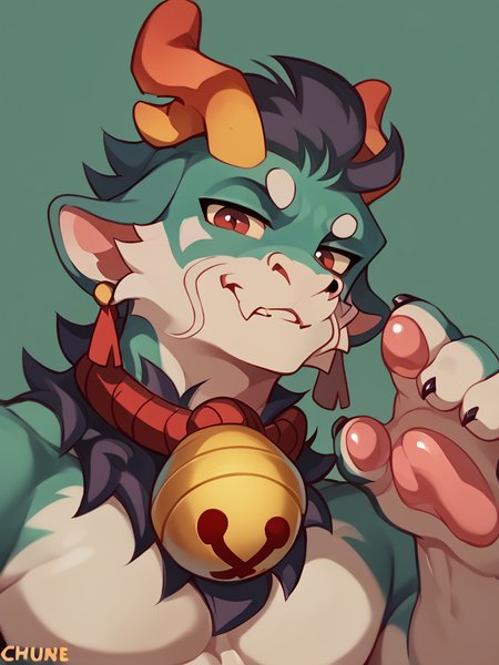score_9, score_8_up, score_7_up, high quality, hires, male, solo, anthro, furry, seductive, red eyes, horns, earring, bell, pawpads, from below, topless, looking at viewer, <lora:Greene:0.9>, <lora:chunie-Pony-XL-v6:1>, simple background