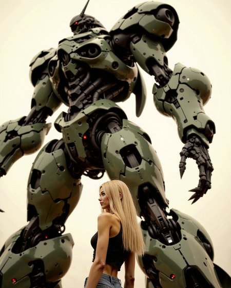 in the style of artics, highest details, ultra hyper realism. highly detailed and realistic. intricate and highly professional artwork, an absolute masterpiece. hyper realistic and highly detailed photo of a beautiful blonde young woman standing in front of a giant robot, trending on cgsociety, little girl meets robot, photo manipulation, on a cloudy day, Tachikoma, ultra realistic picture, oversized enginee, mech shaped like a manatee, from a 2 0 1 9 sci fi 8 k movie, realistic game concept art, dystopian, Fallout inspired. <lora:artics_epoch_15:1> in the style of artics