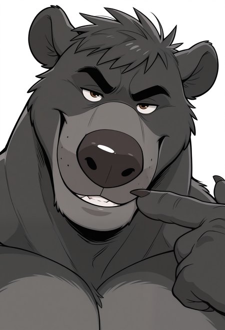 masterpiece,best quality,amazing quality, 1boy, solo, b4l00, anthro bear, grey fur, bara, face focus, pointing_at_self, smirk, 