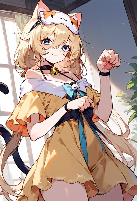 score_9,score_8_up,score_7_up,source_anime,zPDXL3,
*//*,<lora:Michele_Pony:1>,(michele_feline:1.2),1girl,solo,blonde hair,low twintails,long hair,bangs,hair between eyes,blue eyes,sleep mask,mask on head,yellow dress,short sleeves,black choker,bell,cat tail,white socksslippers,bare shoulders,smile,
*//*,looking at viewer,cowboy shot,dutch angle,paw pose,