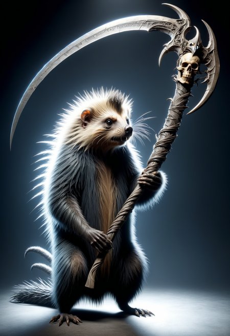 porcupine  holding a DonM5cy7h3XL scythe, single blade  <lora:DonM5cy7h3XL-v1.1-000006:0.8>