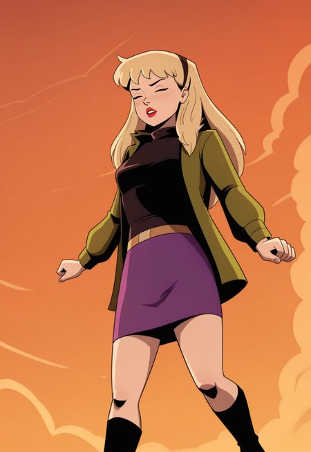 masterpiece, best quality, 32k, high resolution, absurdres,  gwen stacy, red lips, open mouth, closed eyes, boots, purple skirt, 1980s (style), lipstick, parted lips, belt