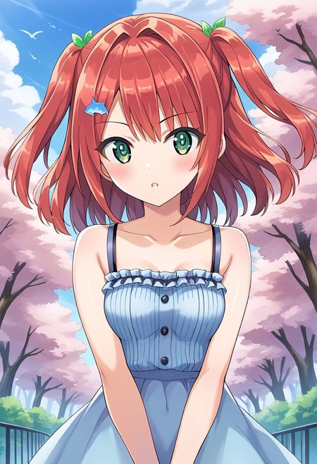 score 9, score 8 up, score 7 up,  source anime, masterpiece, best quality, detailed eyes, detailed face, 1girl, solo, outdoors, 
Kohari Sakimiya, green eyes, red hair, bangs, two side up, hair intakes, small breasts, hair ornament, ribbon