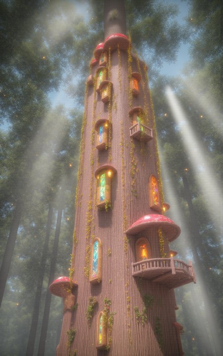 A whimsical treehouse built into the trunk and branches of a massive ancient tree,surrounded by an enchanted glowing forest. Golden sunlight filters through the dense canopy,casting soft light beams and floating golden dust particles through the air. The treehouse features fantasy architecture: glowing mushrooms,stained glass windows,vine-covered wooden beams,and delicate balconies. Full panoramic wide-angle view showing the treehouse nestled within the magical forest,dreamy and luminous daytime atmosphere,<lora:aidmaMJ6.1_v0.5_3:0.6>,aidmaMJ6.1,<lora:detailifier_sd3.5:1>,detailifier,