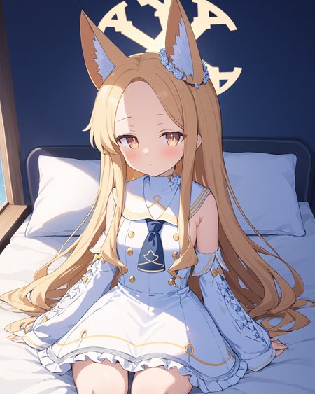 seia \(blue archive\),1girl, solo, detached_sleeves, bed, sitting, sleeves_past_fingers, white_dress, looking_at_viewer, striped, blush, halo, on_bed, forehead, sleeveless_dress, animal_ear_fluff, white_sailor_collar, hair_flower, short_necktie
<lora:seia_(blue_archive)_image1153_2023-12-03-000014:1>halo. gorgeous,key visual, vibrant, studio anime,award-winning, professional, highly detailed,high budget, cinemascope