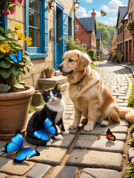 Imagine a charming, sunlit cobblestone street in a small, picturesque town, at the center of this idyllic scene is Barkley the joyful golden retriever with a shiny coat and a wagging tail, playfully chasing vibrant butterflies and nearby, lounging gracefully in a sunbeam, is Whiskers the petite cat with luxurious fur the color of midnight and striking blue eyes, the two animals are depicted in a moment of serene companionship, with Barkley looking at Whiskers with a look of adoration and Whiskers responding with a soft meow and a gentle head nudge. The background is filled with the quaint townâs unique nooks and crannies, hinting at the many adventures the pair share, the overall mood is warm, peaceful, and filled with the sense of a deep bond that transcends their differences, bright sunlight and dark shadows, <lora:add-detail-xl:1.2>