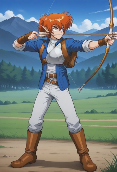1boy, solo, alundrapsone, orange hair, ponytail, blue eyes, pointy ears, jacket, sleeves rolled up, white shirt, turtleneck, armor, belt, backpack, fingerless gloves, pants, boots, kyudo-aiming,aiming,arrow (projectile),bow (weapon),drawing bow,holding arrow,holding bow (weapon), outdoors, mountains, serious, parted lips, full body,