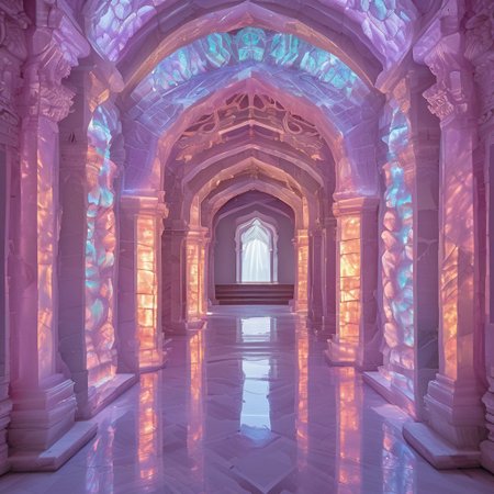 symmetric, aesthetic, white walls , ornate temple entrance , fluorite mineral, flu0rite, iridiscent,