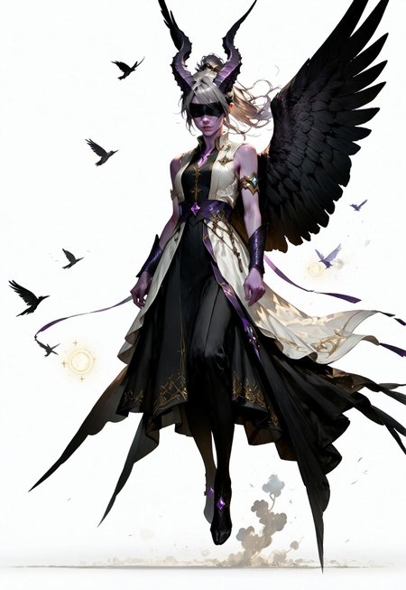 (absurdres, best quality, masterpiece:1.4), 
score_9, score_8_up, score_7_up, score_6_up, 
detailed, 
detailed body, 
detailed face, 
(((smooth skin, unbroken skin, detailed skin))), 
fantasy, 
alone, 

female, 
tiefling, 
h0rns, 
ram horns, 
black horns, 
tall, 
((((purple skin)))), 
((long grey hair, ponytail)), 
(((wingsd, black wings))),

floating, flying, hovering, weightless, 

(white robe, sleeveless, 
blindfold, black cloth blindfold), 

(((white background, plain background))), 
full body, 
front view, 