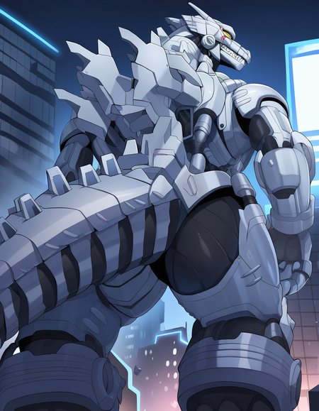 solo, dragon, robot, kiryu, male, bent over, 4 fingers, 3 toes, yellow eyes, from behind, looking back, frown, clenched teeth, tail, city, [[macro]], detailed face, (masterpiece, best quality, very aesthetic, amazing quality), absurdres, highres