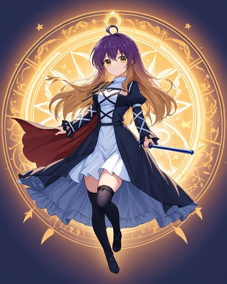 hijiri byakuren,1girl, solo, sorcerer's_sutra_scroll, looking_at_viewer, black_thighhighs, magic_circle, scroll, garter_straps, parted_lips, ahoge, cross-laced_clothes, white_dress, cowboy_shot, arm_ribbon, cape, juliet_sleeves, breasts, black_dress, puffy_long_sleeves, layered_dress, hexagram
<lora:hijiri_byakuren_image2907_2023-12-20:1>,star-shaped_pupils,symbol-shaped_pupils,. gorgeous,key visual, vibrant, studio anime,award-winning, professional, highly detailed,high budget, cinemascope