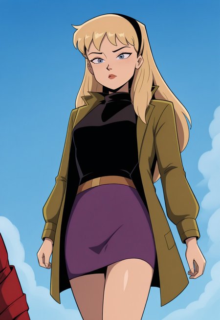 masterpiece, best quality, 32k, high resolution, absurdres,  gwen stacy, 1girl, long sleeves, hairband, jacket, retro artstyle, solo, 1boy, coat, skirt, solo focus