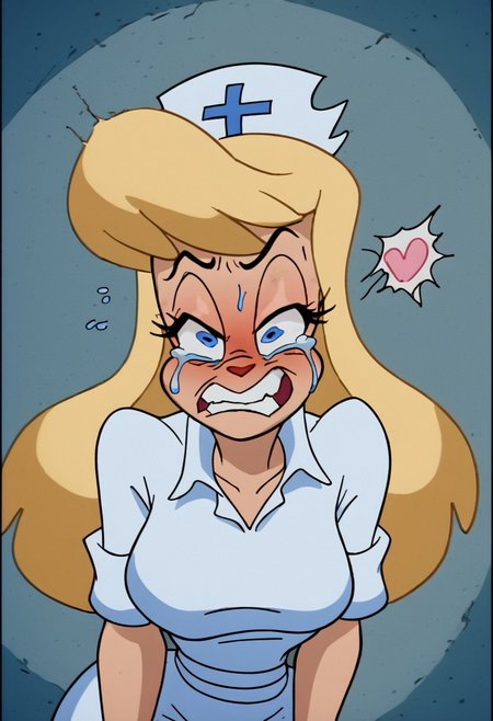 score_9, score_8_up, score_7_up, rating_questionable, zPDXL, 2d source_cartoon, (adult:1.2), facing the viewer, , horny, solo 1girl
<lora:Hello_Nurse_XL_Animaniacs:1> Heloise Nerz, 1girl, dirty messed burnt blonde  hair, blue eyes, totally burnt hair, sexy, horny, crying, scared, in love, extremely dirty white dress, hardly beaten fifty times, confused, deeply humiliated face, depressed face, black eyes, circles under eyes, beaten by ninty boxers, broken heart, under arrest, broken arms, toothless face, no tooth, smashed teeth, crazy emotion, extremely violently beaten face, ten times more extremely violently beaten face, big deep shiners on both eyes, narrow waist
<lora:Expressive_H:1>
<lora:r3nst1mpyXLP:1> r3nst1mpy,aaa