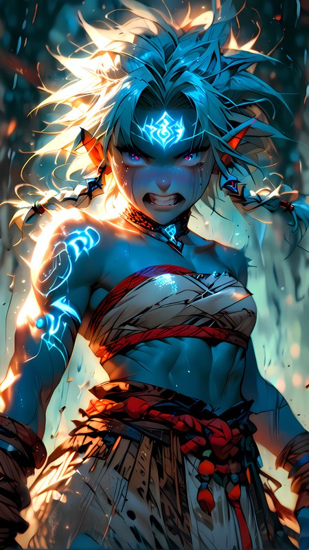 score_9, score_8_up, score_7_up, An illustration of a fierce character, photo-enhanced, fatasy, girl, dnd, d&d, monk,
platinum blond hair, short hair, wet, rain, braids, elf, dark elf, (blue skin:1.5), small breasts, freckles, piercing red eyes, ear piercings, bangles, looking at viewer, facing viewer, looking up, view from front, spider tattoo, running mascara, disgusted face, clenched teeth, (open mouth:1.2), scream, white linen bandeau, rope wrapped wrists, athletic, chain choker, slave, wind blown hair, linen sweat pants,oustretched palm, glowing run in palm, glowing run on forehead, chakra, standing on one foot, lifted leg, blue glowing eyes, clenched teeth, tears, crying, running mascara,, stretched arms behind back, raised hands, 
<lora:HKStyle_V3:1> <lora:extremely_detailed:1>  <lora:Fant5yP0ny:1>  <lora:disgusted_face_xl_goofy:1>  <lora:Flash_Glowing_Runes_SDXL:1>