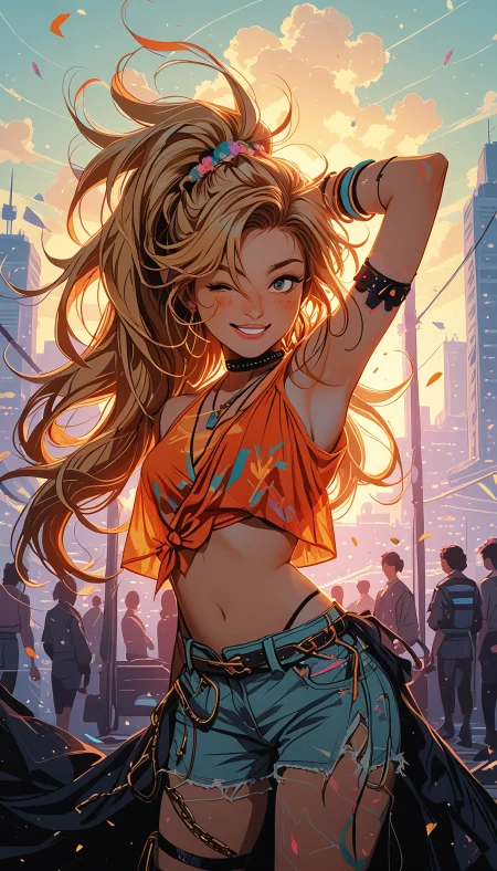 masterpiece, Shinkaistyle,
pinkretroanime, retro art,
Cyberpunk Style, cyberpunk, science fiction, hi tech, future tech, neon, (Cybernetics:1.25), (Neon Cityscape:1.4), (lineless:1.5), smooth edges, (lighten the face:1.5), tall body, slender body, fit body, long legs, This image features a vibrant anime-style artwork of a young female character with striking blue eyes and golden blonde hair styled into an updo adorned with what appears to be orange flowers or petals, possibly symbolizing her youthful or energetic nature. She has a cheerful expression on her face, suggesting she is enjoying the moment. Her outfit consists of an orange tank top paired with jean shorts and a choker necklace, which adds to her casual yet stylish appearance. Her right hand is gently placed on her hip while her left arm is raised in a wave-like motion, as if greeting someone or celebrating. The background is a bright, sunny day with fluffy white clouds, adding a cheerful and summery atmosphere to the scene. A large tree with lush green leaves can be seen behind her, providing a sense of depth and tranquility. The character's stance is dynamic, with one leg slightly lifted off the ground, conveying motion and liveliness. The overall color palette is warm, with predominant use of orange, yellow, and green tones that evoke feelings of joy and warmth. The lighting in the image suggests it might be late afternoon or early evening, given the soft glow on her face and the diffuse sunlight throughout the scene. The image does not contain any text or other identifiable elements beyond those described. The style of the artwork is characterized by its vivid colors, detailed shading, and fluid lines that create a sense of movement and energy. The character's position in the center of the frame draws the viewer's attention immediately to her, highlighting her as the focal point of this composition., 1girl, solo, long hair, breasts, looking at viewer, blush, smile, open mouth, bangs, blue eyes, multiple girls, blonde hair, shirt, hair ornament, navel, bare shoulders, jewelry, medium breasts, very long hair, underwear, standing, collarbone, panties, ponytail, thighs, earrings, small breasts, outdoors, one eye closed, sky, shorts, teeth, sleeveless, solo focus, choker, day, midriff, belt, cloud, dark skin, armpits, necklace, stomach, grin, blurry, vest, arm up, collar, bracelet, official alternate costume, dark-skinned female, crop top, torn clothes, black panties, short shorts, sleeveless shirt, tattoo, thigh strap, floating hair, chain, halterneck, highleg, wavy hair, black choker, sunlight, scrunchie, ;d, feathers, high ponytail, denim, red shirt, armband, armlet, hair scrunchie, backlighting, thong, arm behind head, contrapposto, blue shorts, denim shorts, hand in own hair, sunset, ;\), hoop earrings, white shorts, highleg panties, confetti, tied shirt, arm strap, crop top overhang, cutoffs, orange shirt, crowd, people, panty straps