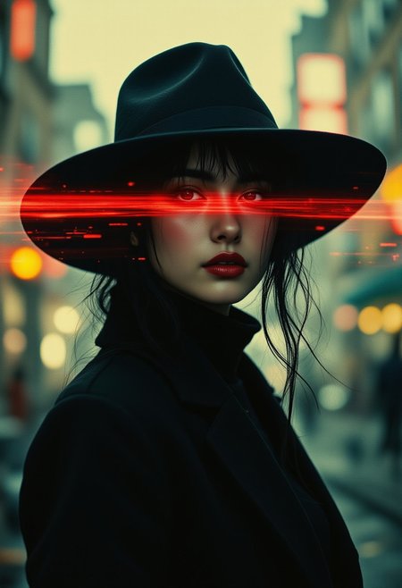 A cinematic digital painting of a mysterious woman wearing a wide-brimmed black hat and a dark turtleneck. She stands against a misty, dystopian backdrop with a blend of warm and cool tones. A striking red horizontal light beam crosses over her eyes, giving a futuristic, cyber-western aesthetic. The texture of the image has a slightly glitchy, digital interference effect, enhancing the sci-fi atmosphere. The woman's expression is calm yet intense, with dark eyes and red lips adding contrast to her otherwise shadowed face. The lighting is moody and dramatic