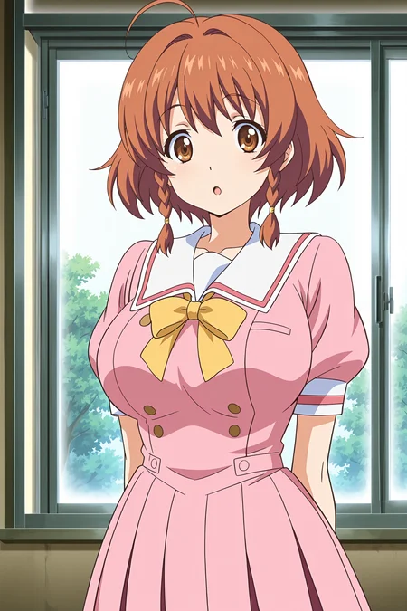 anime screencap, anime coloring, detailed face, masterpiece, best quality, very aesthetic, absurdres, volumetric lighting, official style, amazing quality, ultra detailed, highres, amazing quality, scenery, beautiful detailed hair, beautiful detailed eyes,
<lora:StS-Illustrious-Detail-Slider-v1.0:4>
 <lora:Firika_Mia_Shatana_and_Sera_Mitra_Airun_Nuki_Doki_Tenshi_to_Akuma_no_Sakusei_Battle:0.8> 
Nonoa Momose (character), 1girl, solo, ahoge, orange-brown hair, braid, pink school uniform, twin braids, brown eyes, breasts, short hair, :o, pen, yellow bow, large breast, window, cowoby shot, pleated skirt, looking at the viewer