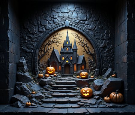 Relief art displaying a halloween. The relief is carved into a gothic stone wall with large smooth obsidian polished stones. Rays of light highlight the relief and add a dramatic effect.

The scene is a bit scary, a bit humours. Different layers and multiple highlights and accents in cyan create a depth in the scene. Tpyical halloween elements are the focus of the scene. 

HD32K, hyperdetailed, best quality, Used colours gold, cyan and black.

aidmaHyperrealism aidmaMJ6.1 