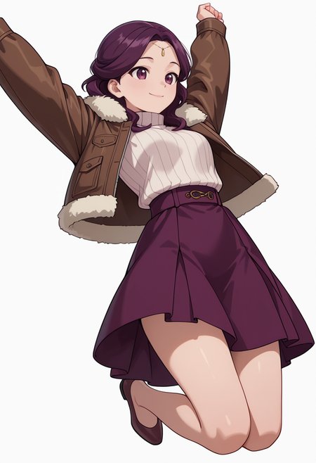 Smooth Quality,masterpiece,very intricate, high quality details, ultra realistic, high detailed skin,detailed enviorement,absurdres,
partially undressed, 
 <lora:Yinghua_CNR:0.8> yinghuacnr, purple hair,  purple eyes,, simple background, white background, dutch angle,
jumping, arms open, legs bent, smiling, midair,  ,lonely,, turtleneck sweater, ,fur-trimmed jacket,  ,godet skirt,  ,