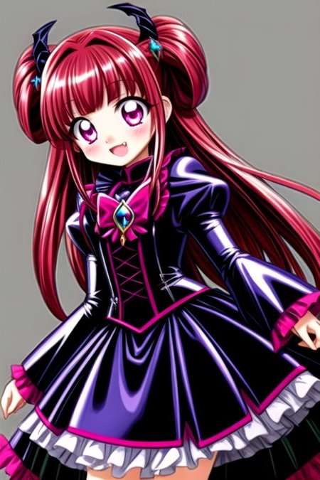 Bad_End_Precure, DarkPrecure, corrupted princess wearing dark pastel (ruffled:1) (gleaming latex:1) gown with (latex vampire cloak:1) and (long frilly wide sleeves), soft lighting, ruffles, (cute little fang:1)
(vmpr:1),
<lora:more_details:1>,