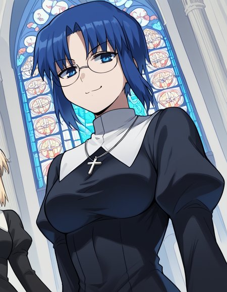 score_9, score_8_up, score_7_up, source_anime, <lora:carnivalphantasm-ciel-ova-ponyxl-lora-nochekaiser:1>, ciel, short hair, blue hair, blue eyes, glasses, ciel (tsukihime), large breasts,, <lora:traditional-nun-ponyxl-lora-nochekaiser:1>, traditional nun, nun, habit, long sleeves, dress, black dress, jewelry, black veil, cross, cross necklace,, church, smug, praying,, , dutch angle, cowboy shot