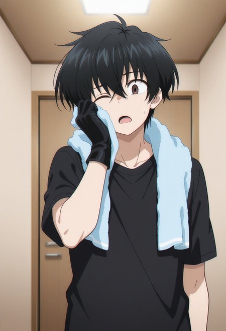 masterpiece,best quality,amazing quality, source_anime, 
KeitaroGentoga, 
1boy, black hair, male focus, towel, solo, one eye closed, open mouth, towel around neck, brown eyes, brown eyes, upper body, indoors, t-shirt, single glove