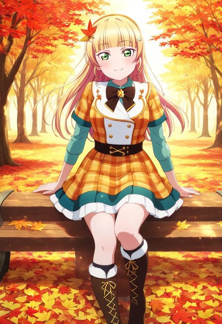 masterpiece, best quality, solo, 1girl, aged up, happy, 
 heanna_sumire, sumire_heanna, long hair, bangs, blonde hair, green eyes, blunt bangs, hairband, orange hairband, autumn-themed idol outfit, plaid dress with layered sleeves, bow brooch, knee-high boots, maple leaf hairpin, stage in a golden forest, soft light filtering through red and orange leaves, peaceful and warm aura, gentle smile with sparkly eyes