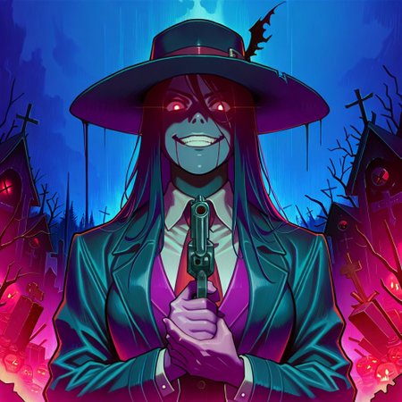 masterpiece, best quality, grimdark atmosphere, Caleb, artist: melkor
Braek
artwork of a man in graveyard, dark night, in hat and jacket, long hair, red glowing eyes, an (old revolver handgun) in his hand, a grim smile on his face,