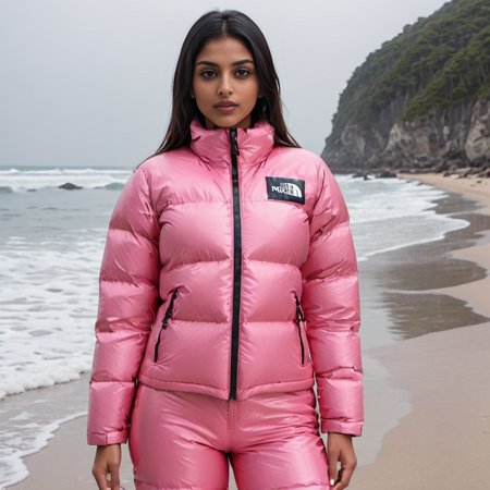 one indian short women wearing a tnf_nuptse jacket and  latex downsuit puffer_downsuit , hyperdetailed photography,4k textures,intricate details,4k resolution,  <lora:puffer_downsuit_v1:0.6> beach scene 
 <lora:pufferdown_tnf_nuptse:0.6>