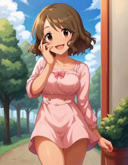 score_9,score_8_up,score_7_up,1girl,solo,cowboy shot,looking at viewer,smile,open mouth,hand on own face,outdoors,
<lora:tsukimiyamiyabi_ponyXLV6:0.8>,cgtm,
brown hair,medium hair,brown eyes,
pink blouse,thighs