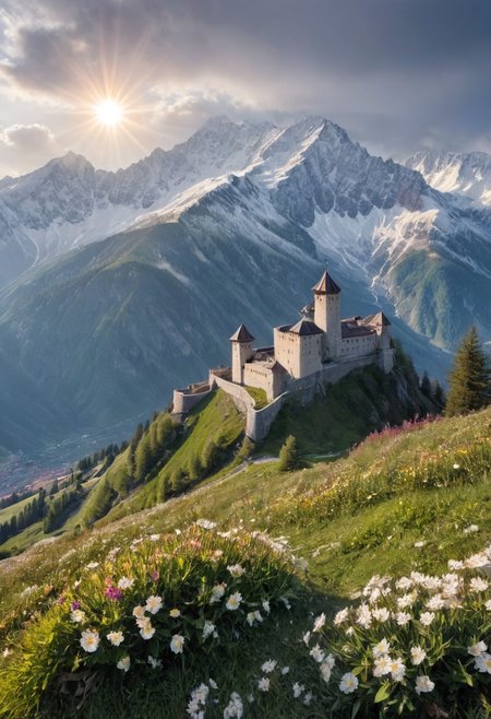 alpine landscape, gloomy old fortress on the slopes of the mountains, flowers and sun, snow-capped mountain peaks in the background, pastoral, detailed drawing, liner, backlight, delicate colors.