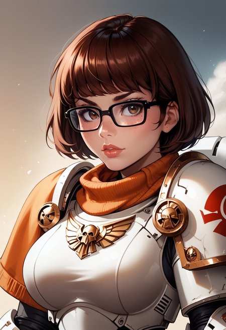 (score_9, score_8_up, score_7_up),rating safe,best quality, ultra highres,(((upper body))), kawai face, smooth skin,  perfect face, perfect body, perfect hands, 
, detailed eyes,
velma dinkley, scooby-doo, 1girl, lips, brown eyes, glasses, black-framed eyewear, brown hair, short hair, large breasts, freckles,
WhiteS40k, <lora:PonyWhiteS40K:0.8>,power armor, 
, armor, full armor, no helmet,