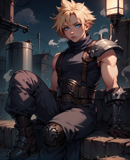 score_9,score_8_up,score_7_up,
cloudxl,blonde hair,spiked hair,blue eyes,solo,
sleeveless,gloves,turtleneck,armor,shoulder armor,sleeveless turtleneck,
looking at viewer,sitting,
steam pipes, 
night,industrial,<lora:CloudXL:0.9>,