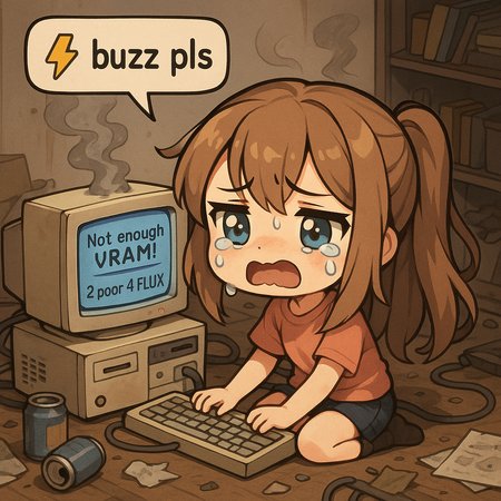 a chibi anime girl in a messy room using a computer, she is crying and a dialog box above her says "⚡️ buzz pls", the computer is old with smoke coming out of it, in the screen of the computer there is an error written "Not enough VRAM!" and "2 poor 4 FLUX".