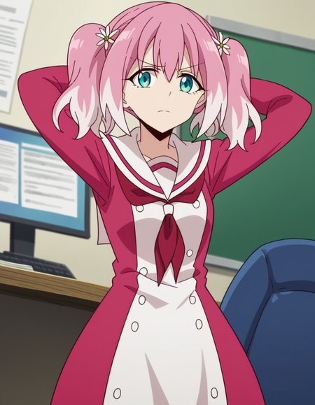 score_9, score_8_up, score_7_up, source_anime, <lora:nana-hiiragi-s1-ponyxl-lora-nochekaiser:1>, nana hiiragi, aqua eyes, twintails, pink hair, flower, white hair, multicolored hair, hair flower, two-tone hair, anime screencap, dress, school uniform, sailor dress, red neckerchief, white sailor collar,, office, desk, computer, chair, paperwork, , hands behind head,, looking at viewer, solo,, dutch angle, cowboy shot