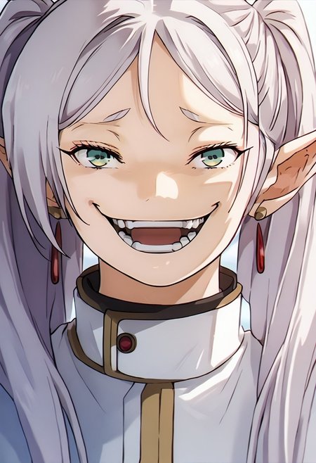 score_9, score_8_up, score_7_up, 1girls, anime source, sfrieren, white hair, long hair, twintails, pointy ears, small breasts, sidelocks, BREAK, looking at viewer, open mouth, smile, Lloyd Frontera expression, silly face, laugh, wide eyes, teeth, smirk