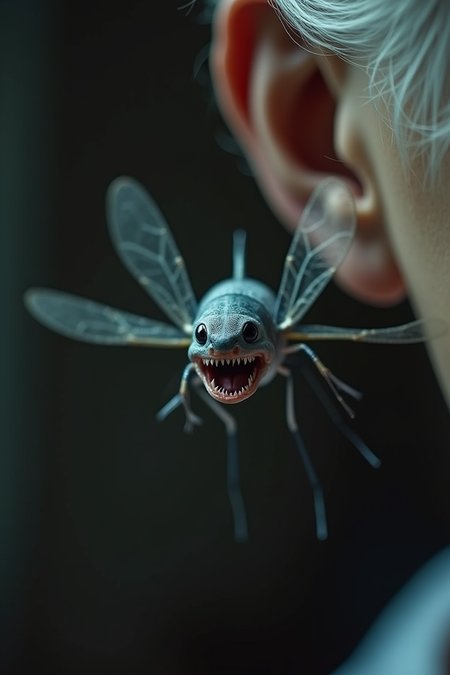 Hybrid between shark and mosquito, tiny angry shark with mosquito wings and mosquito stinger, ferocious with many sharp fangs, close-up, flying around an old woman ear, in a dark room, extremely vivid and detailed place, blurred background, hyper-realistic, action scene, cinematic, perfect wings, perfect textures