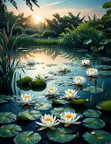 A highly detailed and realistic photograph of a serene lily pond surrounded by lush greenery. The calm water reflects the soft sunlight filtering through the overhanging trees. The surface is adorned with vibrant green lily pads, some with delicate pink and white water lilies in full bloom. A few dragonflies hover above the water, their wings catching the light. Gentle ripples create subtle distortions in the reflection of the sky and foliage. In the background, a dense array of reeds and aquatic plants frame the pond, adding depth and texture. The soft golden glow suggests late afternoon or early evening, enhancing the tranquil and picturesque atmosphere. The composition is balanced, drawing the viewerâs eye toward the natural beauty of the water lilies and their intricate details.
 <lora:SDXLFaeTastic2400:0.4> <lora:extremely_detailed:0.4> extremely detailed,<lora:lily_p0nd:1>,lily p0nd, Masterpiece,best quality,hi res,8k,hi res,8k,award winning,(sharp focus, intricate, highly detailed),