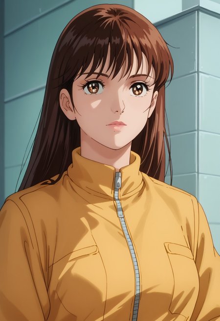 score_9, score_8_up, score_7_up, realistic, fine anime screencap_xl, anime screencap, miakoji, ronin warriors, solo, 1girl, retro, brown hair, 1980s (style), bangs, long hair, hazel eyes, portrait, makeup, jumpsuit