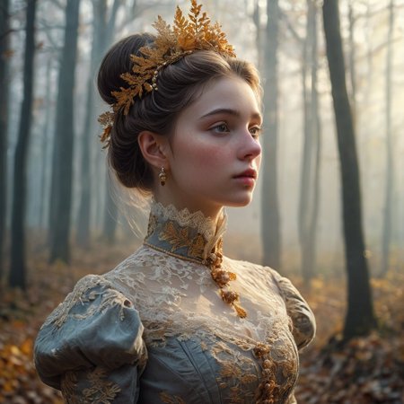 epiCRealism, masterpiece, highly detailed, one girl in a extremely detailed Victorian dress, lace and embroidery with golden leaves and pearls, hair made in a high bun, she walks alone through a late autumn forest in a cold morning, the Sun has just risen and timid sun-rays pierce the autumn leafs and reaches the early mist that clings to the earth, time stands still while  early snowflakes falls from a grey sky