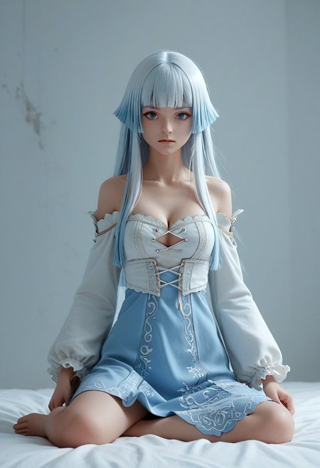 <lora:XilingJiyuan:1>,  score_9, score_8_up, score_7_up, score_6_up, score_5_up, score_4_up, source_anime,  , dynamic pose,  Pandora, long hair, blue eyes, dress, blue hair, collarbone, white hair, medium breasts, blunt bangs, clothing cutout, cleavage cutout, hime cut,off shoulders, things, no shoes